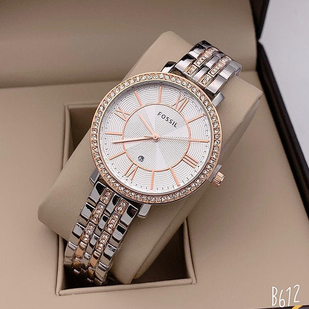 Fossil White & Silver Dialmonds Dial Watch For Women