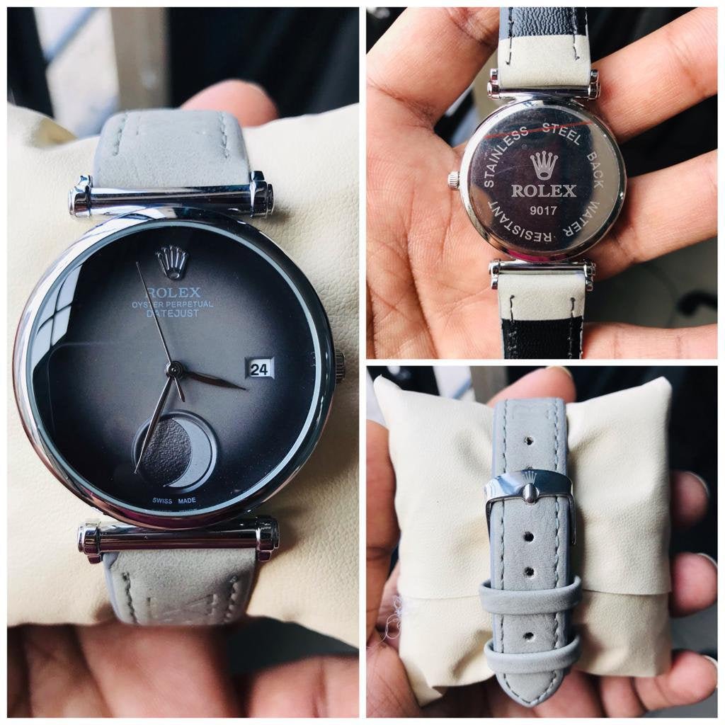 Rolex Moon Black & Gray Dial Analog Quartz Leather Watch For Women