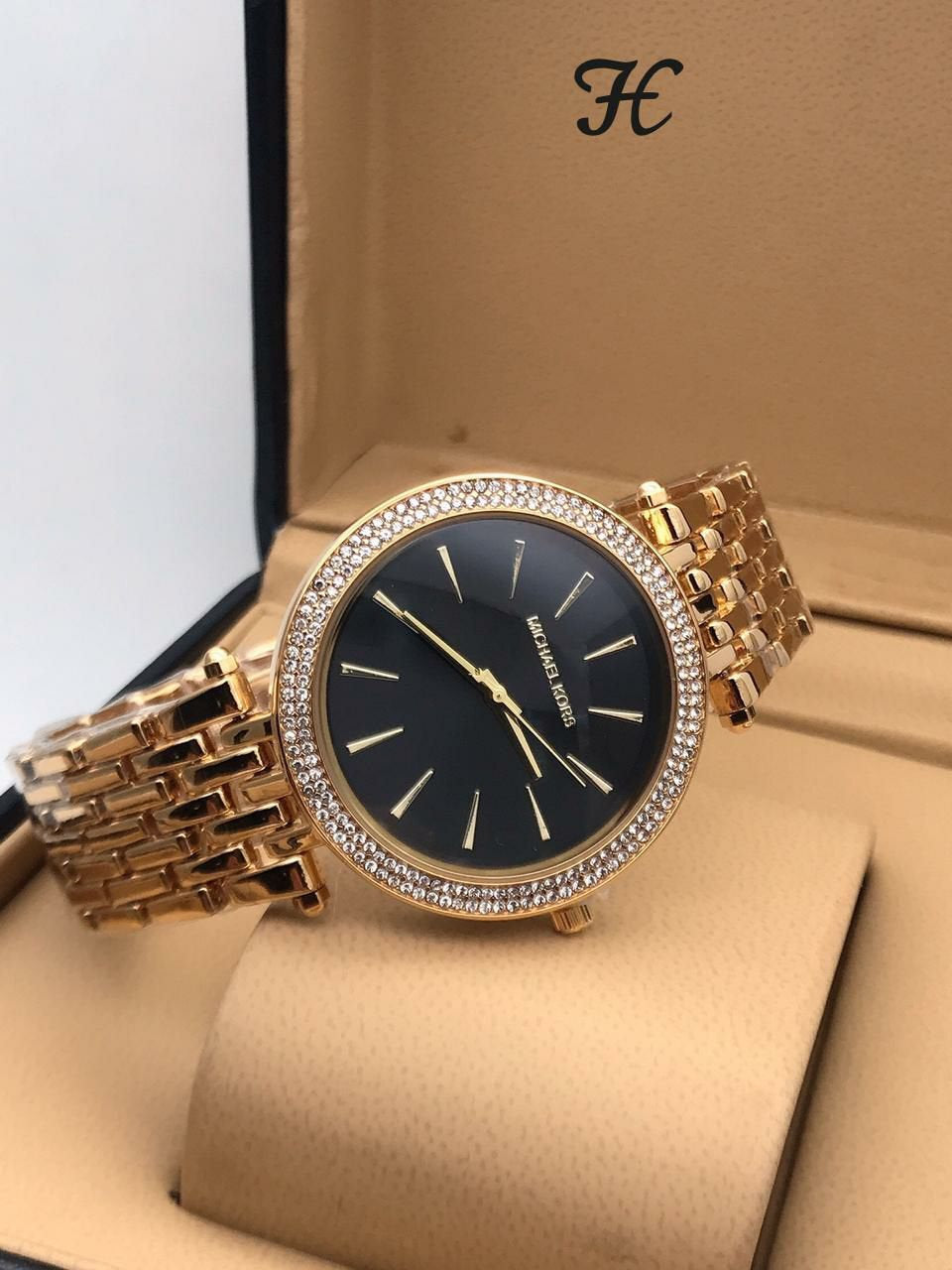 Michael Kors Diamond Studded Black Dial Gold Metal Strap Watch For Women