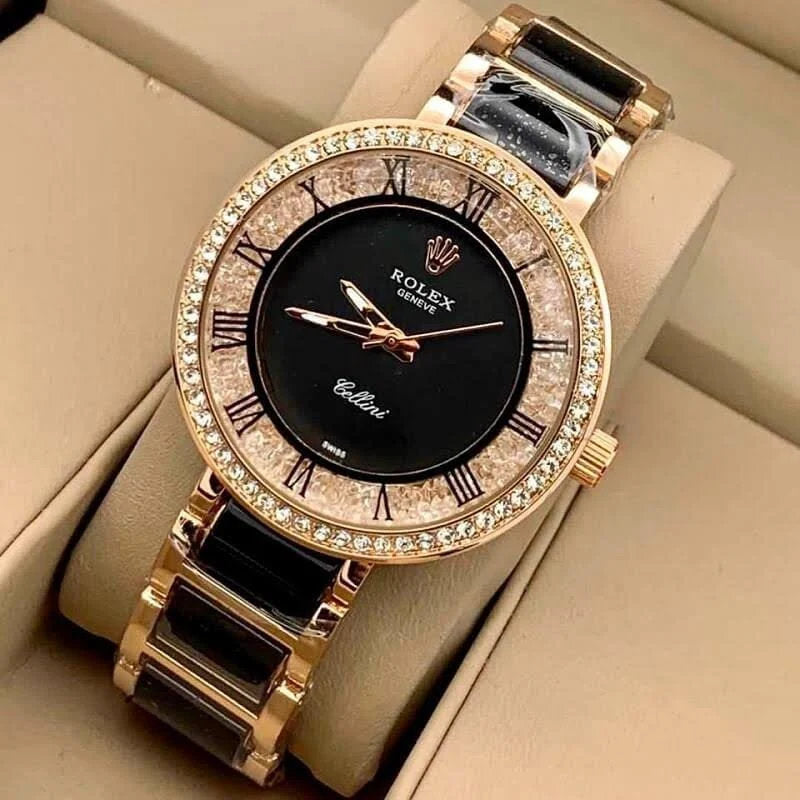 Rolex Black And Rose Gold Metal Belt Party Wear Diamond Studded Women’s Watch