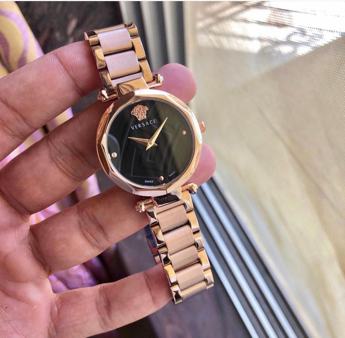 Versace Gold Metal Strap Black Dial Women's Watch