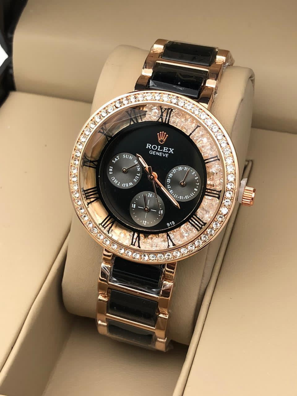 Stunning Black Diamond Studded Rolex Watch For Women