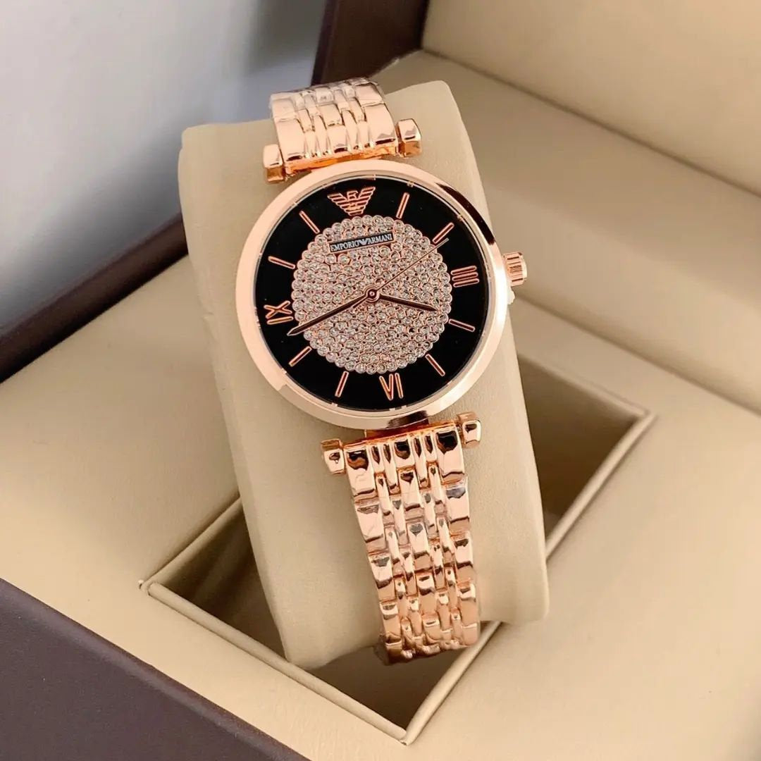 Emporio Armani Rose Gold Metal Belt Diamond Studded Watch For Women